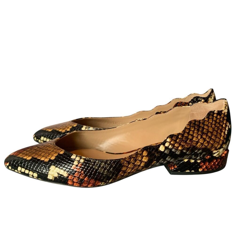 Chloe Laurena Snake Skin Leather brown black Scalloped Flat Shoes sz 37.5